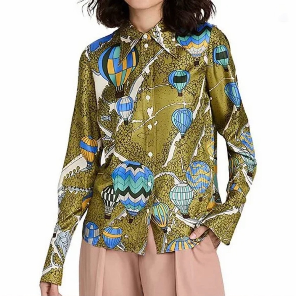 Tory Burch Hot Air Balloons in the Sky Field Print Silk Shirt Top Green Trees 4